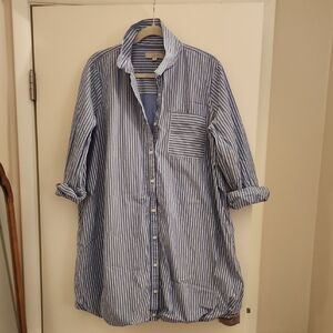 LOFT Blue and White Vertical Stripe Button-Down Bubble Dress